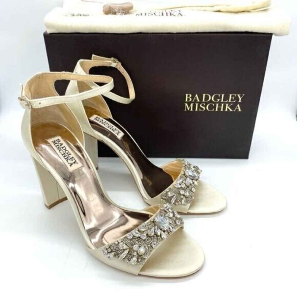 Badgley Mischka Ivory Satin Crystal Embellished Block Heel Sandals